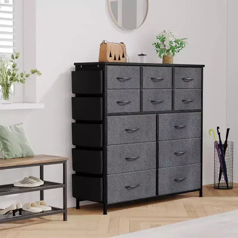Commode à 12 tiroirs, tour de rangement haute en tissu avec plateau en bois, poches latérales et crochets, chiffonnier pour chambre, placard, couloir