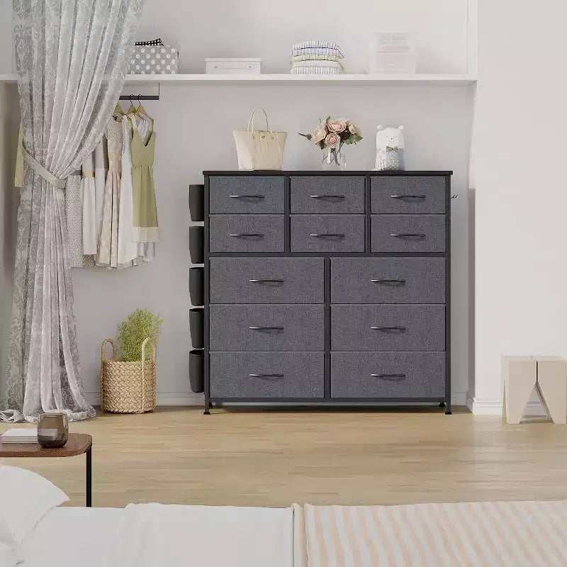 Commode à 12 tiroirs, tour de rangement haute en tissu avec plateau en bois, poches latérales et crochets, chiffonnier pour chambre, placard, couloir