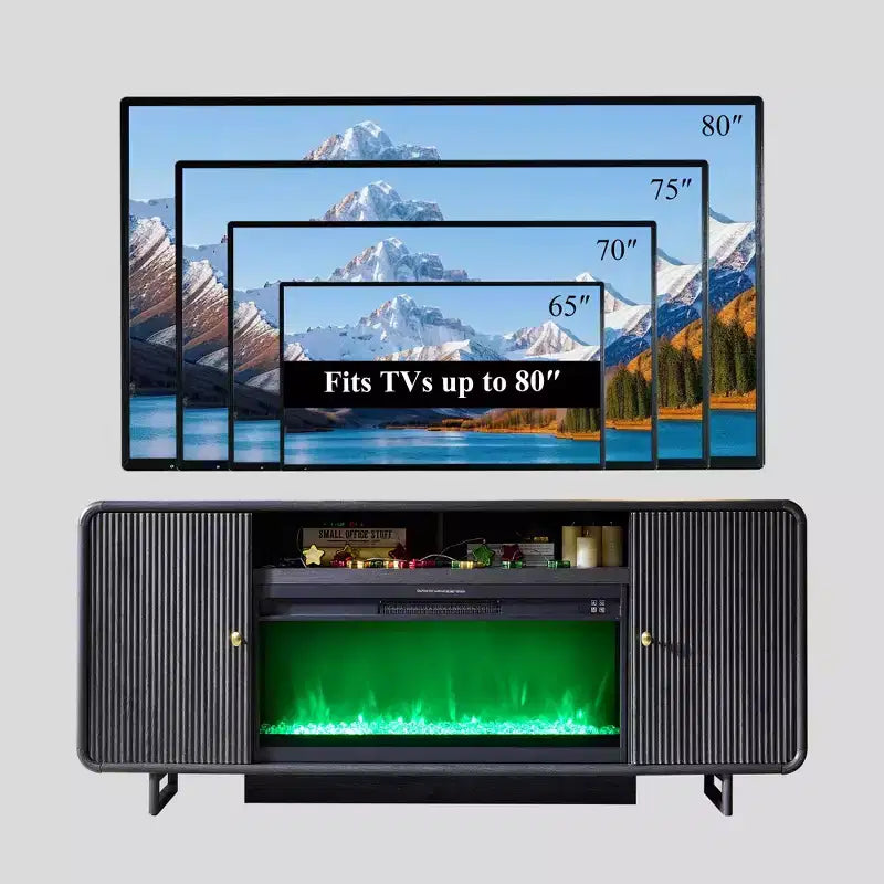 Meuble TV avec cheminée pour téléviseurs jusqu'à 80 pouces, centre de divertissement moderne avec cheminée électrique de 36 pouces et étagères réglables pour le salon
