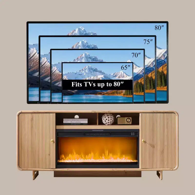 Meuble TV avec cheminée pour téléviseurs jusqu'à 80 pouces, centre de divertissement moderne avec cheminée électrique de 36 pouces et étagères réglables pour le salon