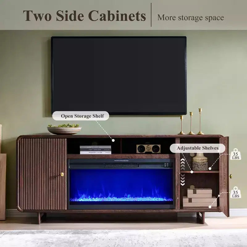 Meuble TV avec cheminée pour téléviseurs jusqu'à 80 pouces, centre de divertissement moderne avec cheminée électrique de 36 pouces et étagères réglables pour le salon