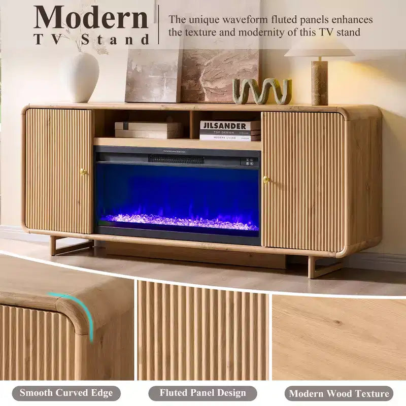 Meuble TV avec cheminée pour téléviseurs jusqu'à 80 pouces, centre de divertissement moderne avec cheminée électrique de 36 pouces et étagères réglables pour le salon