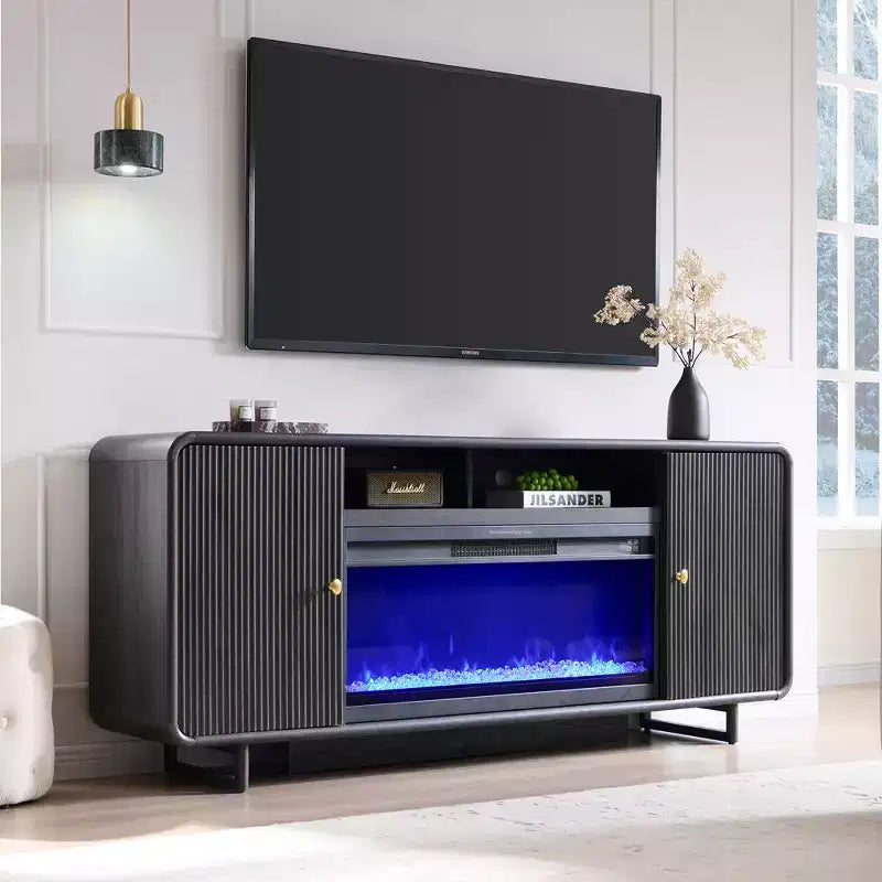 Meuble TV avec cheminée pour téléviseurs jusqu'à 80 pouces, centre de divertissement moderne avec cheminée électrique de 36 pouces et étagères réglables pour le salon