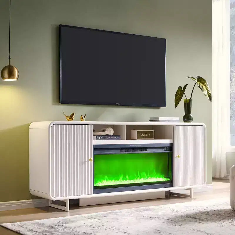 Meuble TV avec cheminée pour téléviseurs jusqu'à 80 pouces, centre de divertissement moderne avec cheminée électrique de 36 pouces et étagères réglables pour le salon