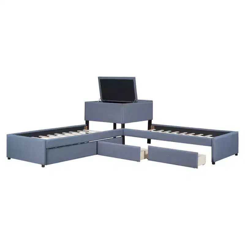 Lit plateforme en forme de L, taille double, cadre en bois avec lit gigogne et 2 tiroirs et table intégrée pour chambre à coucher, gris