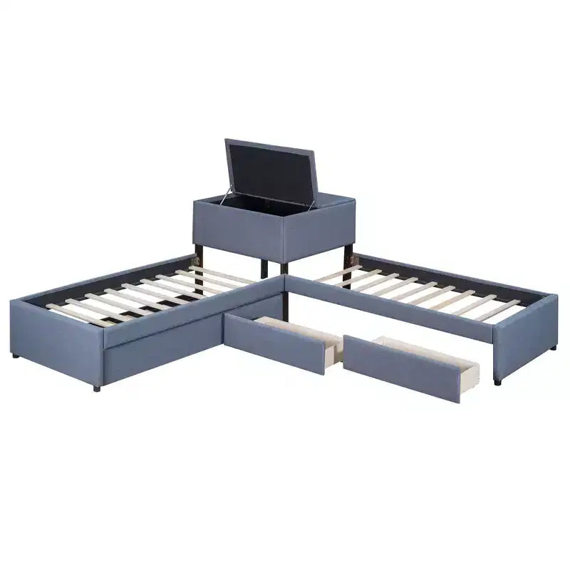 Lit plateforme en forme de L, taille double, cadre en bois avec lit gigogne et 2 tiroirs et table intégrée pour chambre à coucher, gris