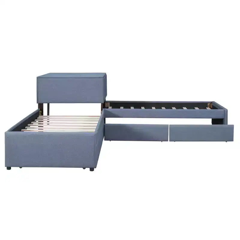 Lit plateforme en forme de L, taille double, cadre en bois avec lit gigogne et 2 tiroirs et table intégrée pour chambre à coucher, gris