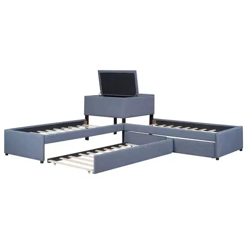 Lit plateforme en forme de L, taille double, cadre en bois avec lit gigogne et 2 tiroirs et table intégrée pour chambre à coucher, gris