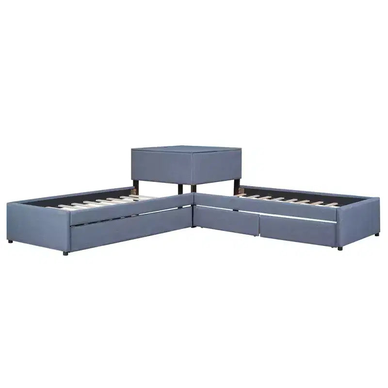 Lit plateforme en forme de L, taille double, cadre en bois avec lit gigogne et 2 tiroirs et table intégrée pour chambre à coucher, gris
