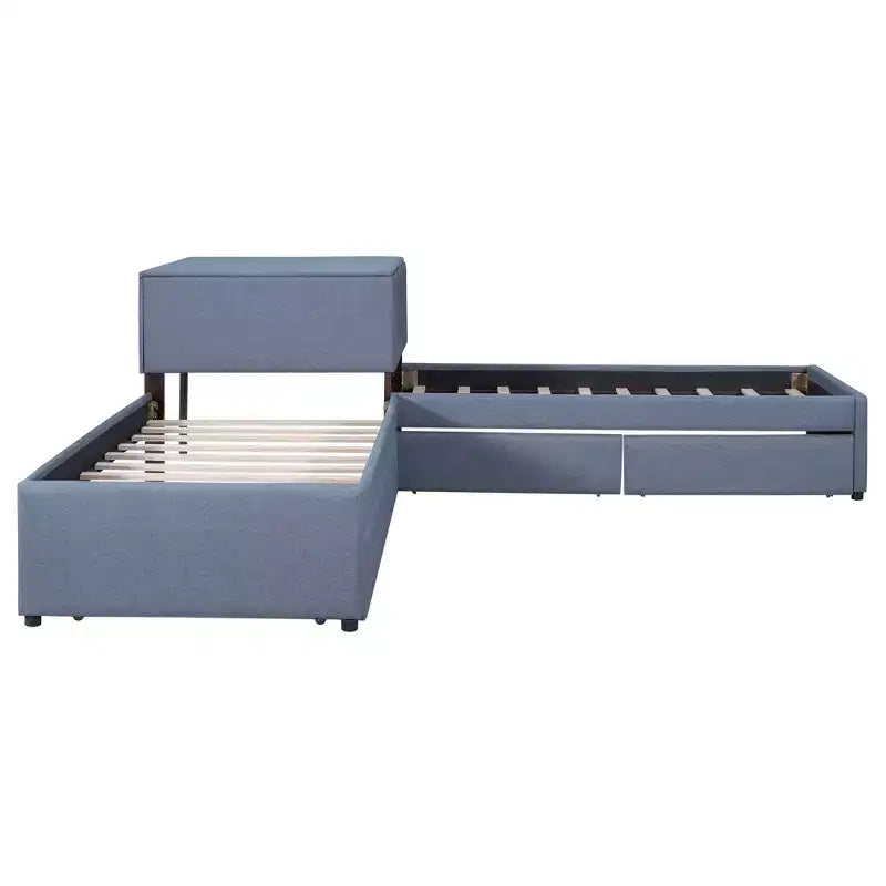 Lit plateforme en forme de L, taille double, cadre en bois avec lit gigogne et 2 tiroirs et table intégrée pour chambre à coucher, gris