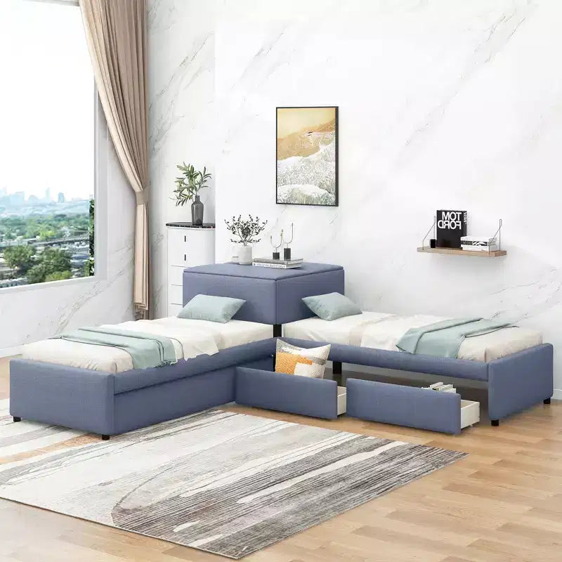 Lit plateforme en forme de L, taille double, cadre en bois avec lit gigogne et 2 tiroirs et table intégrée pour chambre à coucher, gris