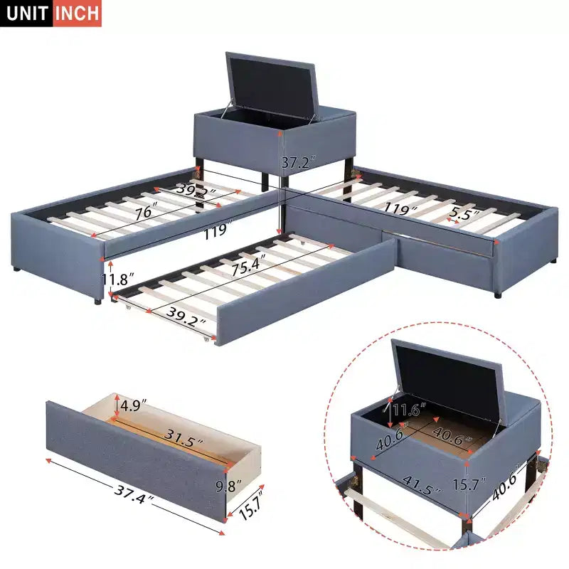 Lit plateforme en forme de L, taille double, cadre en bois avec lit gigogne et 2 tiroirs et table intégrée pour chambre à coucher, gris