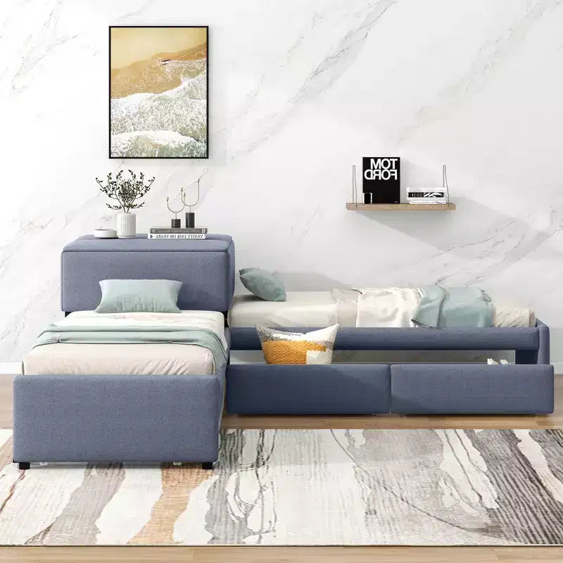 Lit plateforme en forme de L, taille double, cadre en bois avec lit gigogne et 2 tiroirs et table intégrée pour chambre à coucher, gris