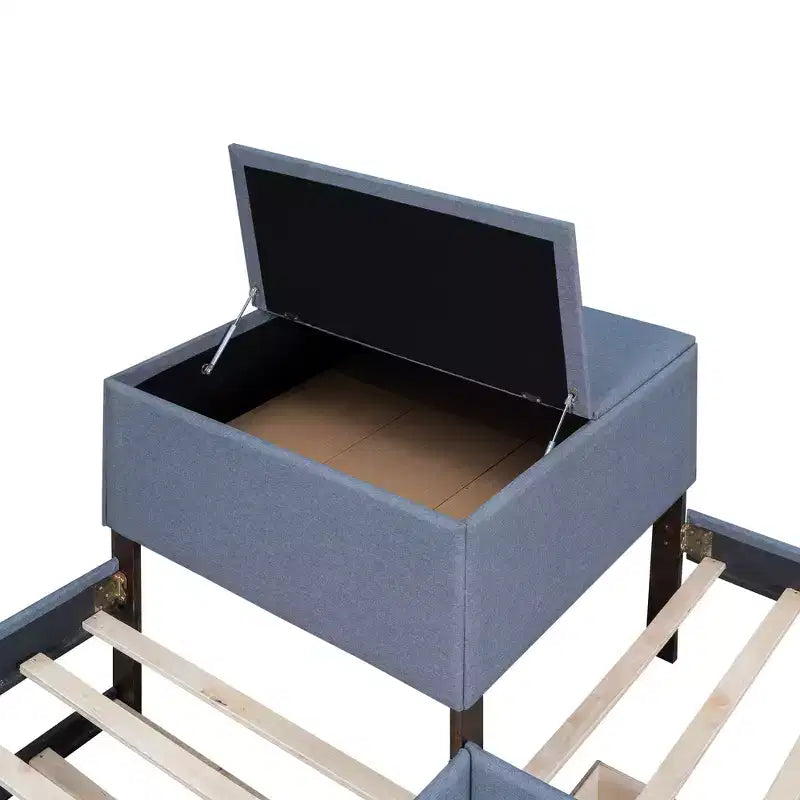 Lit plateforme en forme de L, taille double, cadre en bois avec lit gigogne et 2 tiroirs et table intégrée pour chambre à coucher, gris