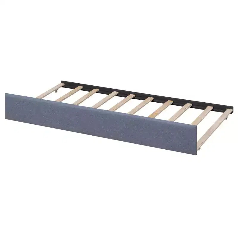 Lit plateforme en forme de L, taille double, cadre en bois avec lit gigogne et 2 tiroirs et table intégrée pour chambre à coucher, gris