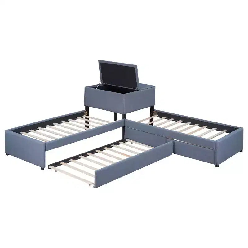 Lit plateforme en forme de L, taille double, cadre en bois avec lit gigogne et 2 tiroirs et table intégrée pour chambre à coucher, gris