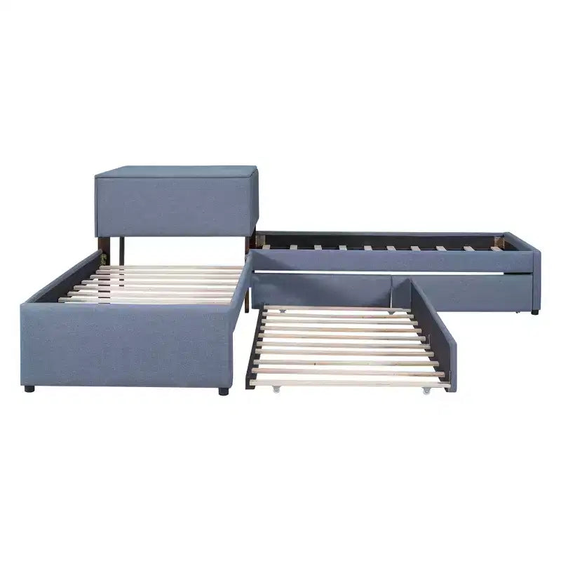 Lit plateforme en forme de L, taille double, cadre en bois avec lit gigogne et 2 tiroirs et table intégrée pour chambre à coucher, gris
