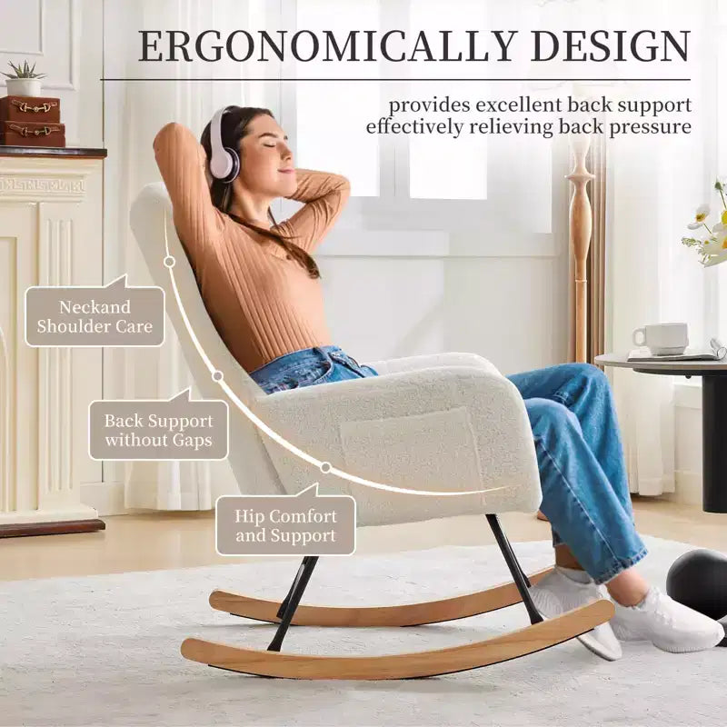 Chaise à bascule pour chambre d'enfant, planeur à bascule rembourré en velours avec dossier haut, chaise de lecture, chaises à bascule d'appoint modernes avec poches latérales, blanc
