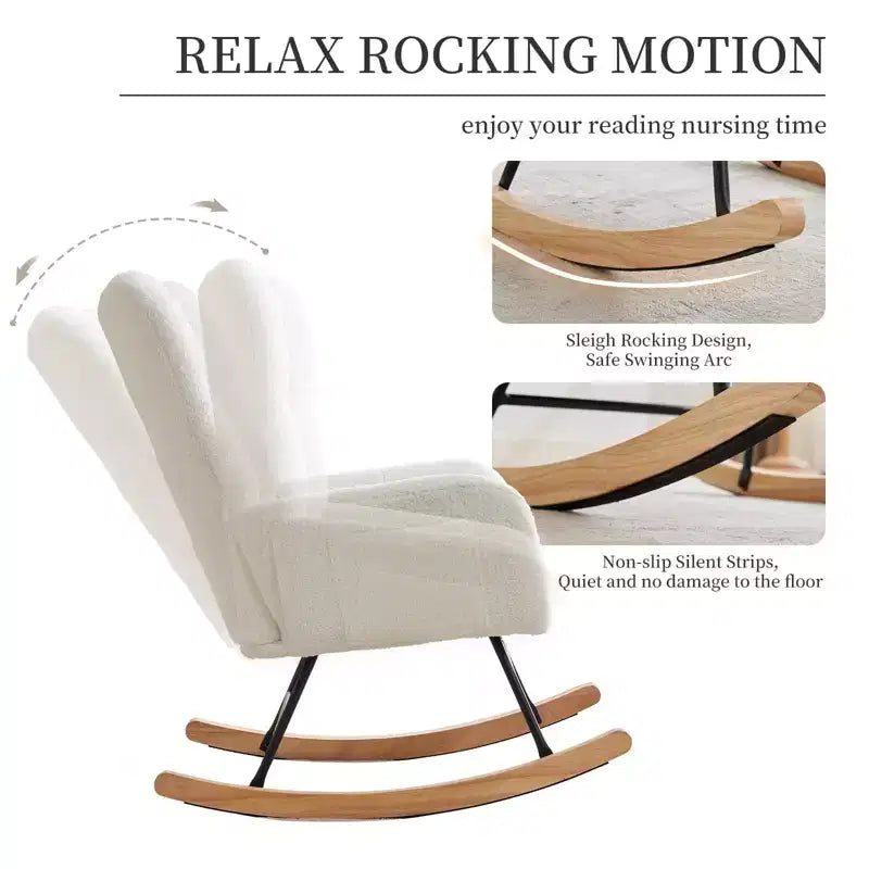 Chaise à bascule pour chambre d'enfant, planeur à bascule rembourré en velours avec dossier haut, chaise de lecture, chaises à bascule d'appoint modernes avec poches latérales, blanc