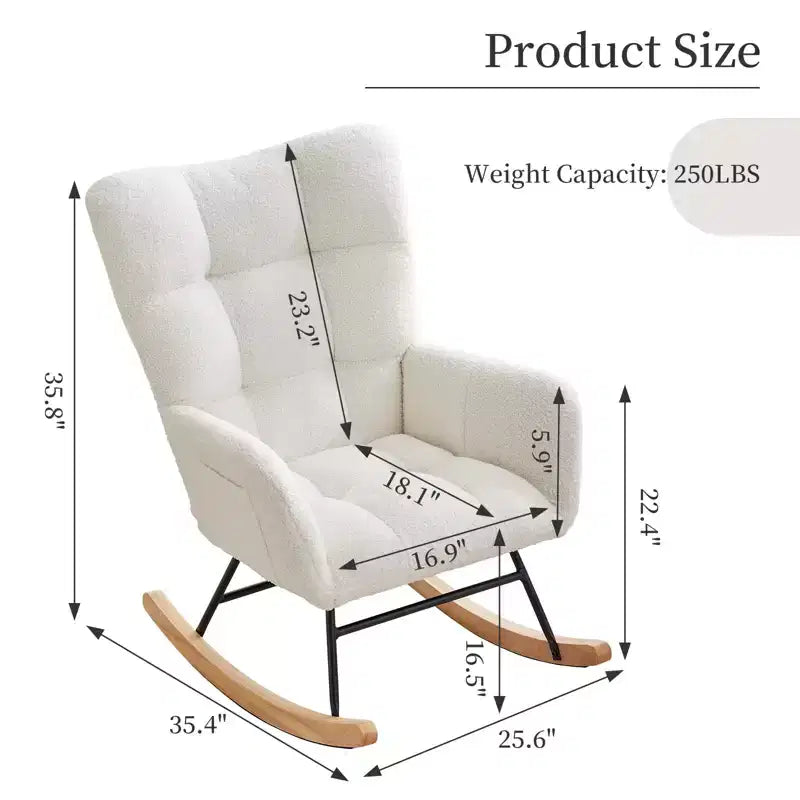 Chaise à bascule pour chambre d'enfant, planeur à bascule rembourré en velours avec dossier haut, chaise de lecture, chaises à bascule d'appoint modernes avec poches latérales, blanc
