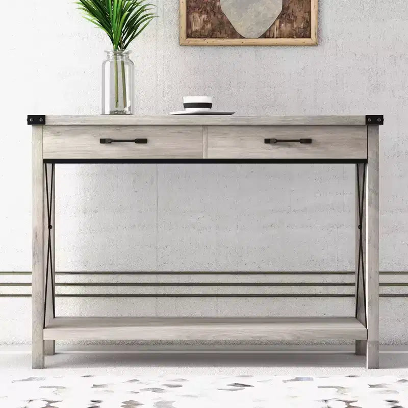 Console de Ferme à 2 Niveaux avec Tiroirs pour Couloir/Salon, MDF et Pieds en Bois