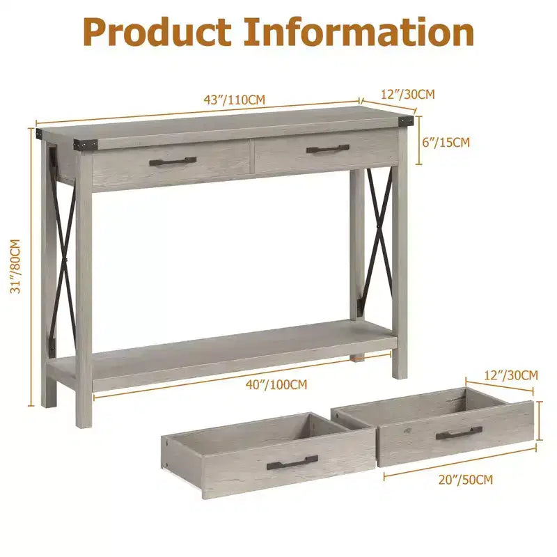 Console de Ferme à 2 Niveaux avec Tiroirs pour Couloir/Salon, MDF et Pieds en Bois