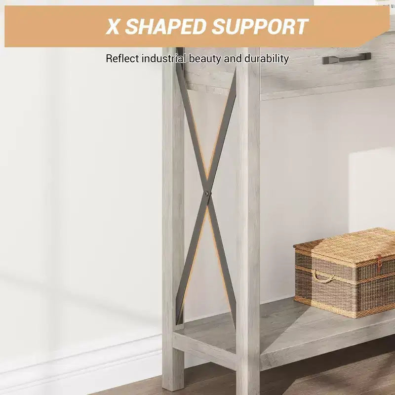Console de Ferme à 2 Niveaux avec Tiroirs pour Couloir/Salon, MDF et Pieds en Bois