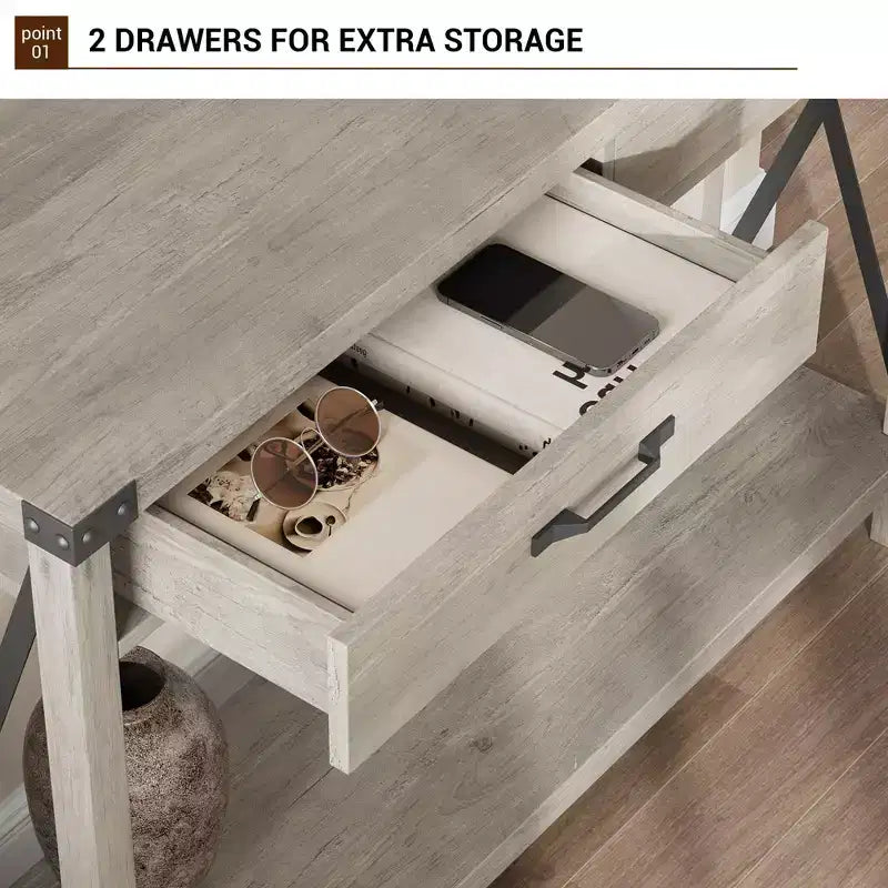 Console de Ferme à 2 Niveaux avec Tiroirs pour Couloir/Salon, MDF et Pieds en Bois