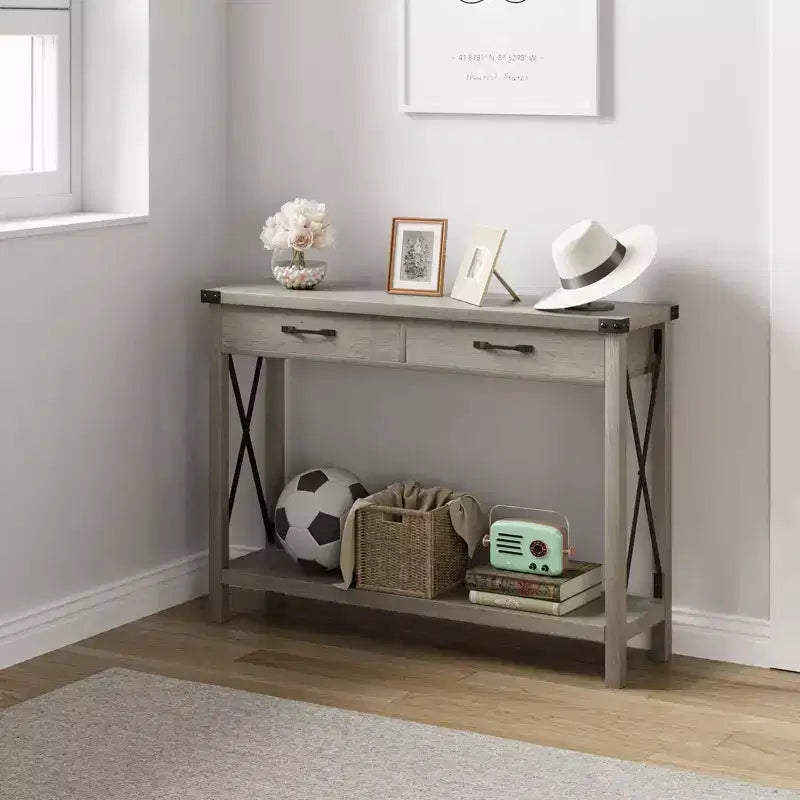 Console de Ferme à 2 Niveaux avec Tiroirs pour Couloir/Salon, MDF et Pieds en Bois