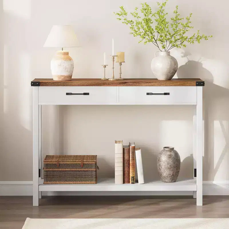 Console de Ferme à 2 Niveaux avec Tiroirs pour Couloir/Salon, MDF et Pieds en Bois