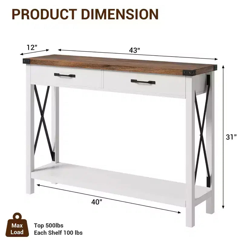 Console de Ferme à 2 Niveaux avec Tiroirs pour Couloir/Salon, MDF et Pieds en Bois