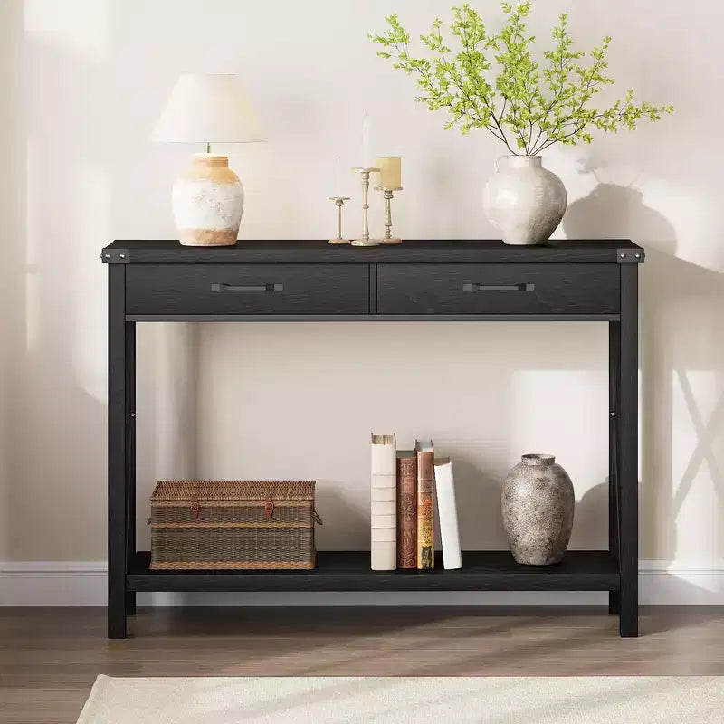 Console de Ferme à 2 Niveaux avec Tiroirs pour Couloir/Salon, MDF et Pieds en Bois