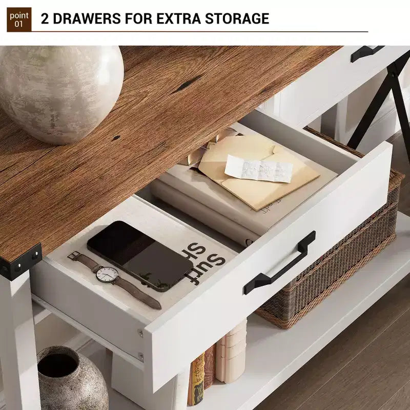 Console de Ferme à 2 Niveaux avec Tiroirs pour Couloir/Salon, MDF et Pieds en Bois