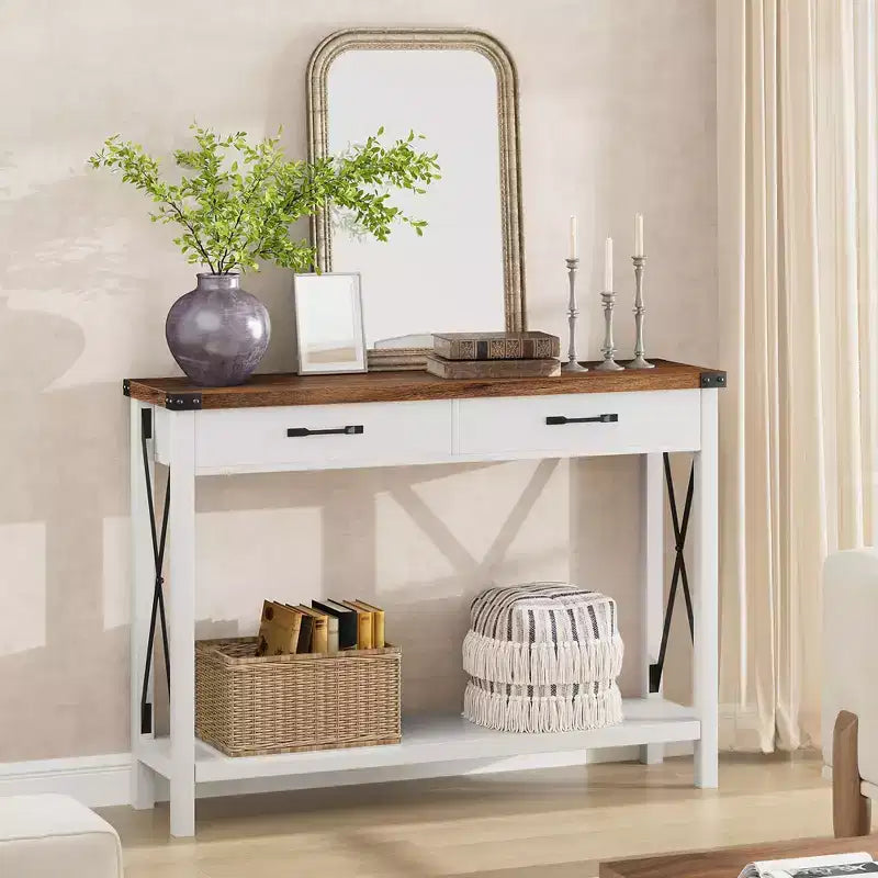 Console de Ferme à 2 Niveaux avec Tiroirs pour Couloir/Salon, MDF et Pieds en Bois