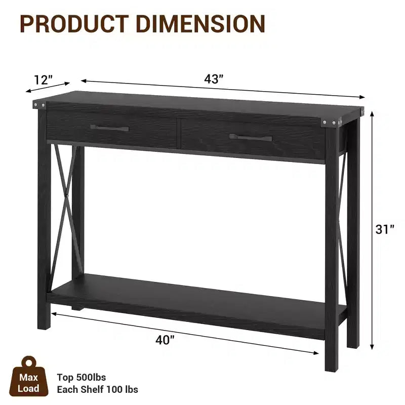 Console de Ferme à 2 Niveaux avec Tiroirs pour Couloir/Salon, MDF et Pieds en Bois