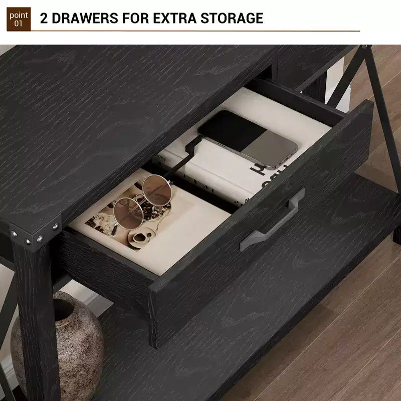 Console de Ferme à 2 Niveaux avec Tiroirs pour Couloir/Salon, MDF et Pieds en Bois