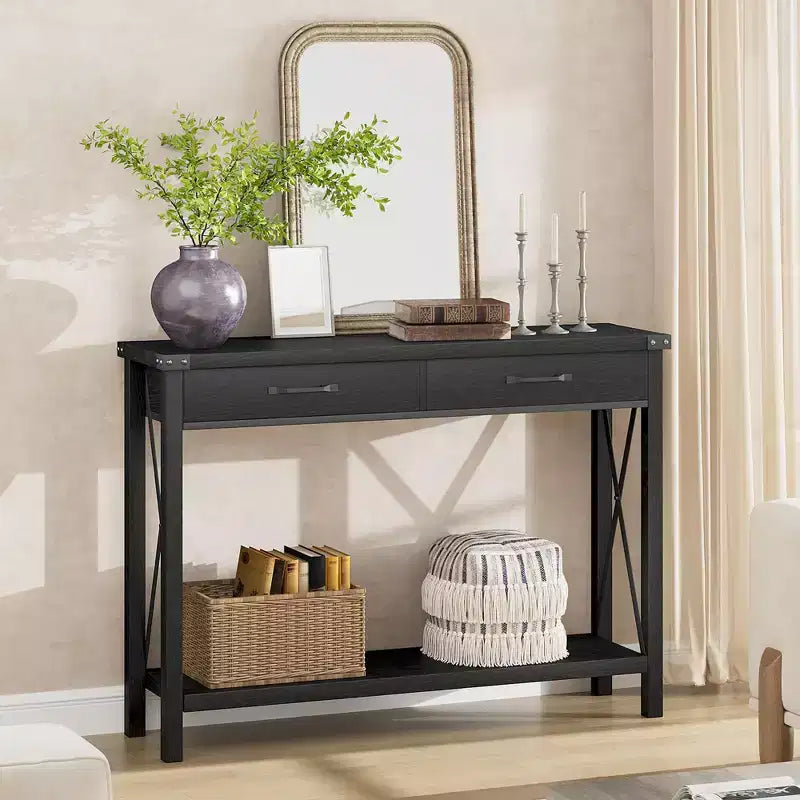 Console de Ferme à 2 Niveaux avec Tiroirs pour Couloir/Salon, MDF et Pieds en Bois
