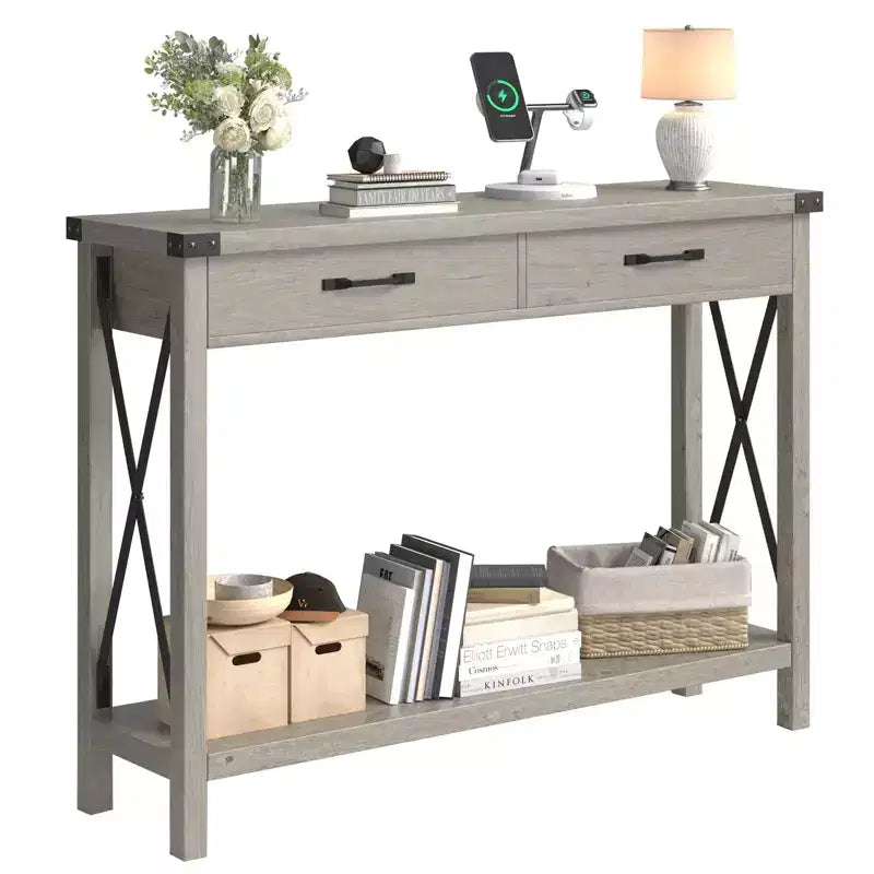 Console de Ferme à 2 Niveaux avec Tiroirs pour Couloir/Salon, MDF et Pieds en Bois