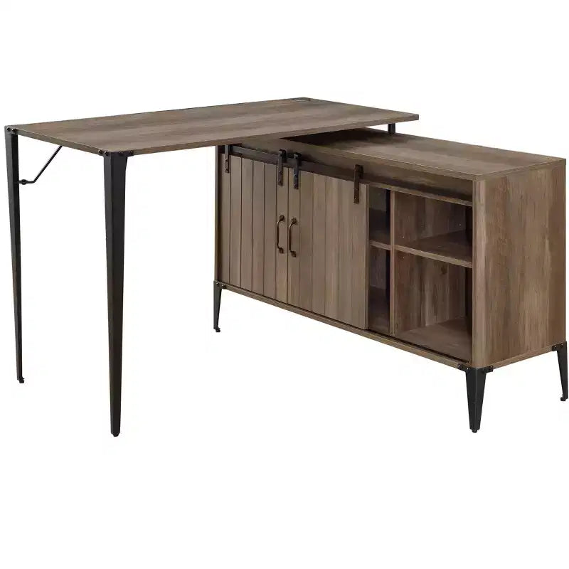 Bureau d'angle en forme de L de style Ferme avec pieds en métal, bureau d'angle avec 2 armoires de rangement et 2 étagères, bureau d'ordinateur pour salon, bureau d'étude