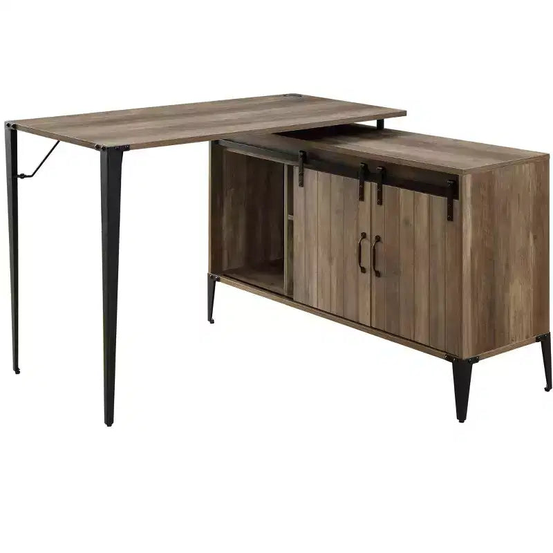 Bureau d'angle en forme de L de style Ferme avec pieds en métal, bureau d'angle avec 2 armoires de rangement et 2 étagères, bureau d'ordinateur pour salon, bureau d'étude