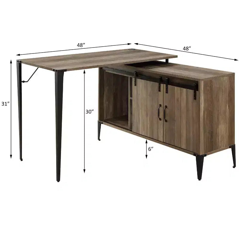 Bureau d'angle en forme de L de style Ferme avec pieds en métal, bureau d'angle avec 2 armoires de rangement et 2 étagères, bureau d'ordinateur pour salon, bureau d'étude