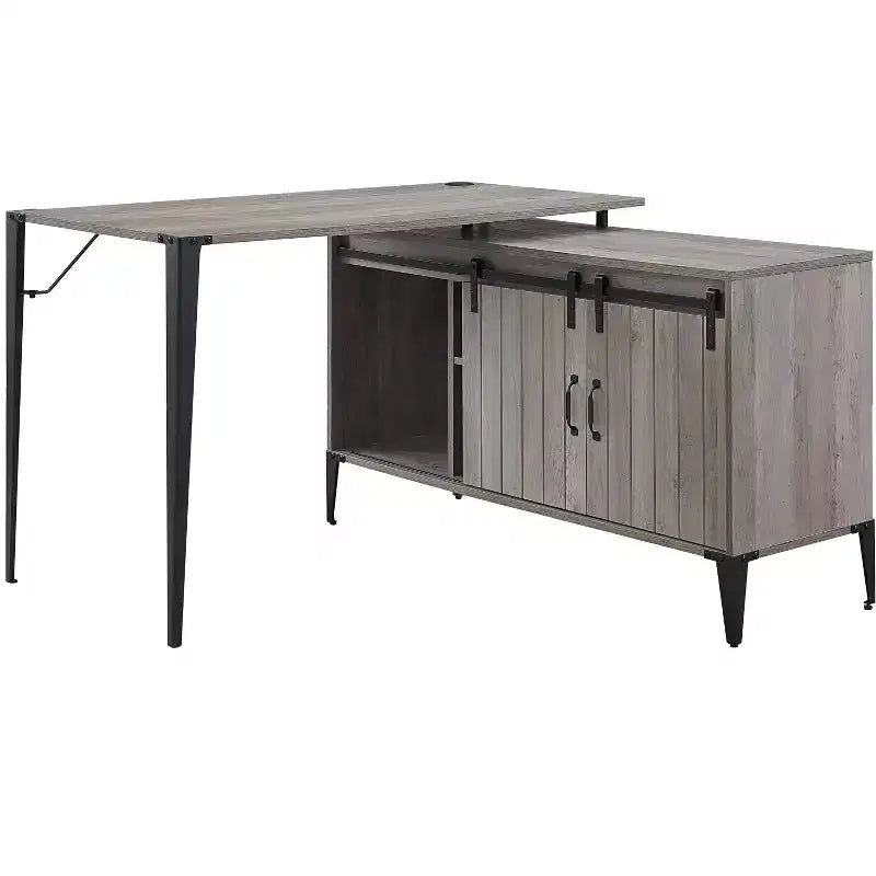 Bureau d'angle en forme de L de style Ferme avec pieds en métal, bureau d'angle avec 2 armoires de rangement et 2 étagères, bureau d'ordinateur pour salon, bureau d'étude