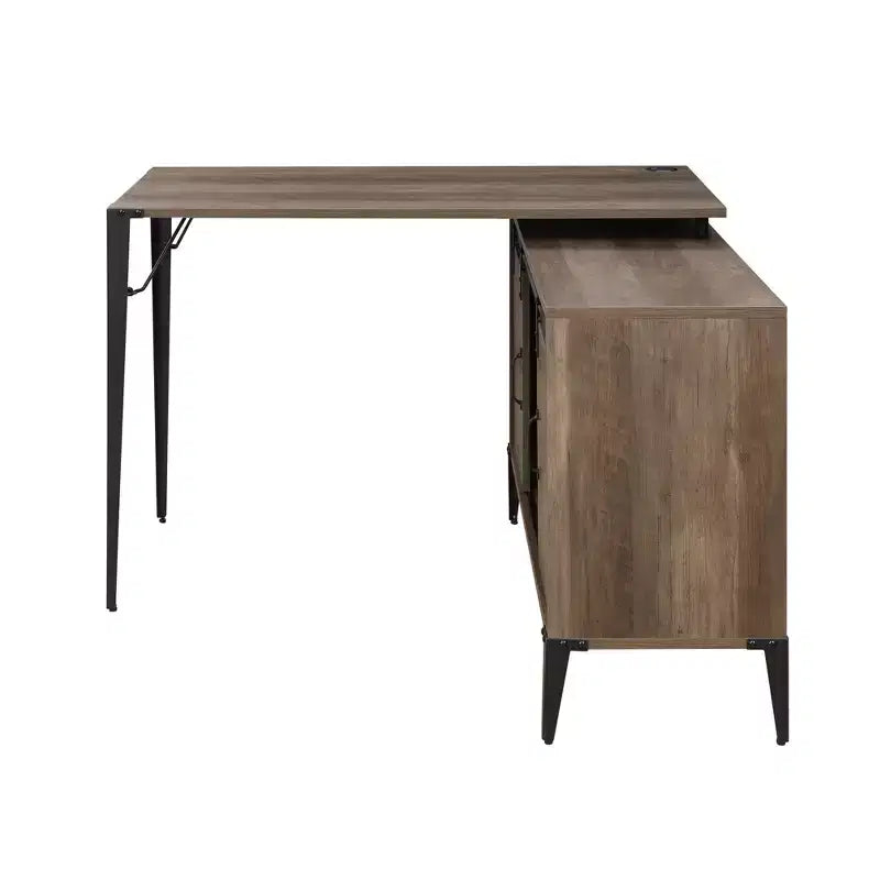 Bureau d'angle en forme de L de style Ferme avec pieds en métal, bureau d'angle avec 2 armoires de rangement et 2 étagères, bureau d'ordinateur pour salon, bureau d'étude