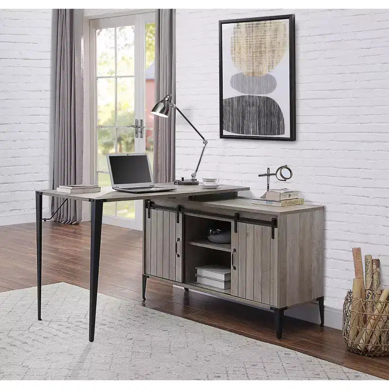 Okak 48IN Farmhouse L-Shaped Desk with Metal Legs, Corner Desk with 2 Storage Cabinet and 2 Shelves, Computer Desk for Living Room, Study