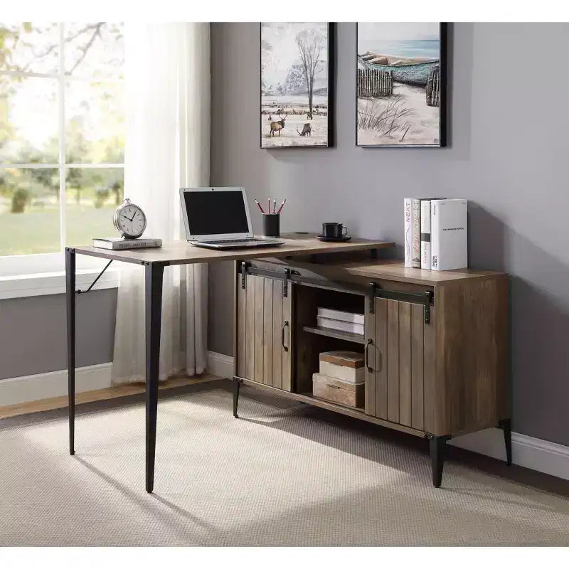 Bureau d'angle en forme de L de style Ferme avec pieds en métal, bureau d'angle avec 2 armoires de rangement et 2 étagères, bureau d'ordinateur pour salon, bureau d'étude
