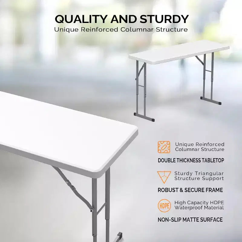 Table pliante étroite, matériau HDPE de première qualité et cadre métallique robuste, parfaite pour les fêtes, le travail à domicile, blanche