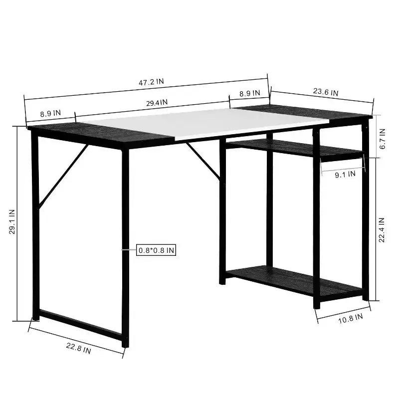 Bureau d'étude avec étagères de rangement, Bureau d'ordinateur avec cadre en métal, Table de travail peu encombrante pour bureau à domicile, Noir/Blanc