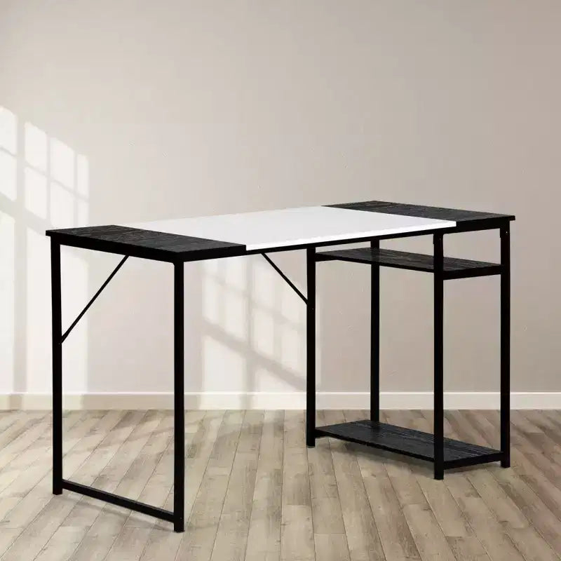 Bureau d'étude avec étagères de rangement, Bureau d'ordinateur avec cadre en métal, Table de travail peu encombrante pour bureau à domicile, Noir/Blanc
