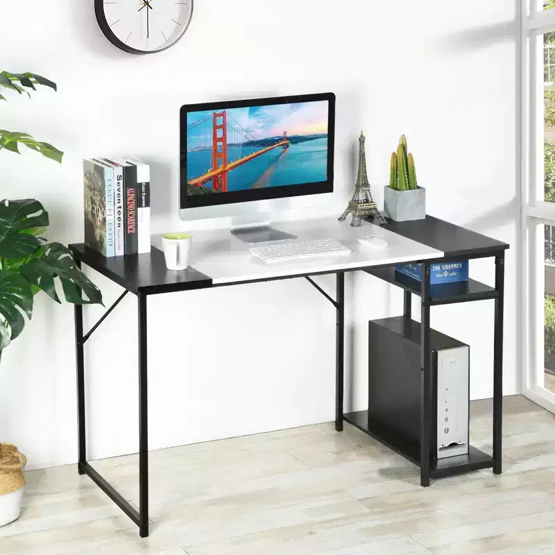 Bureau d'étude avec étagères de rangement, Bureau d'ordinateur avec cadre en métal, Table de travail peu encombrante pour bureau à domicile, Noir/Blanc
