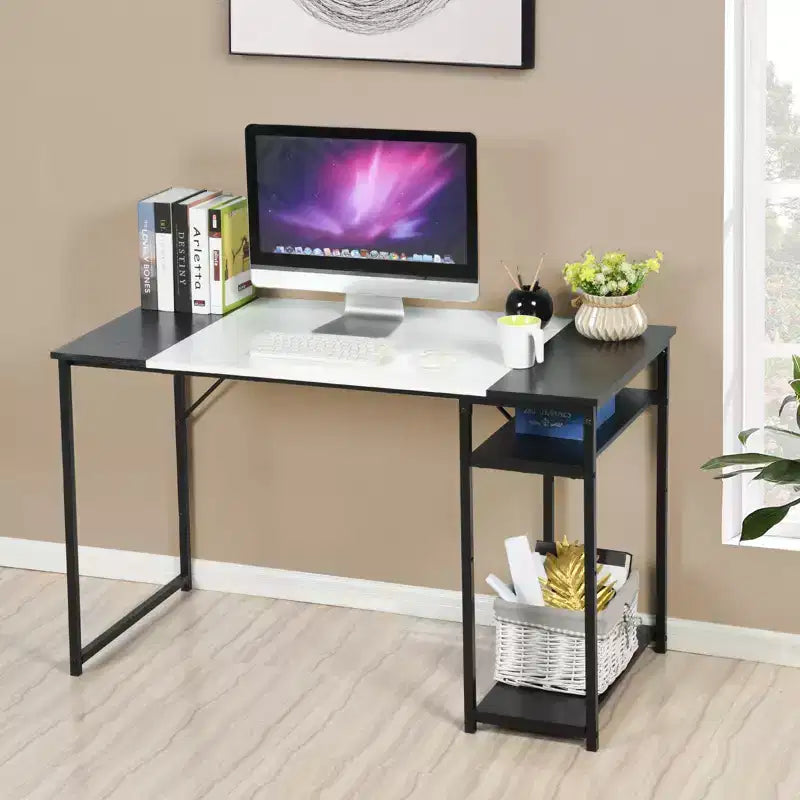 Bureau d'étude avec étagères de rangement, Bureau d'ordinateur avec cadre en métal, Table de travail peu encombrante pour bureau à domicile, Noir/Blanc